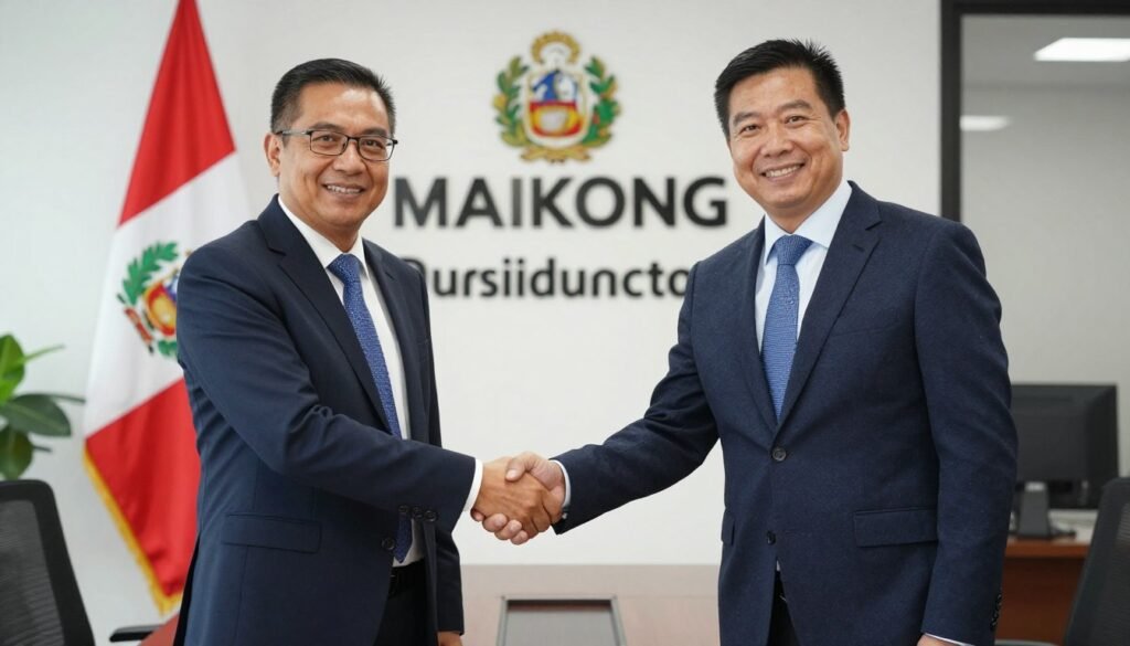Apretón de manos entre representante MAIKONG y nuevo distribuidor peruano