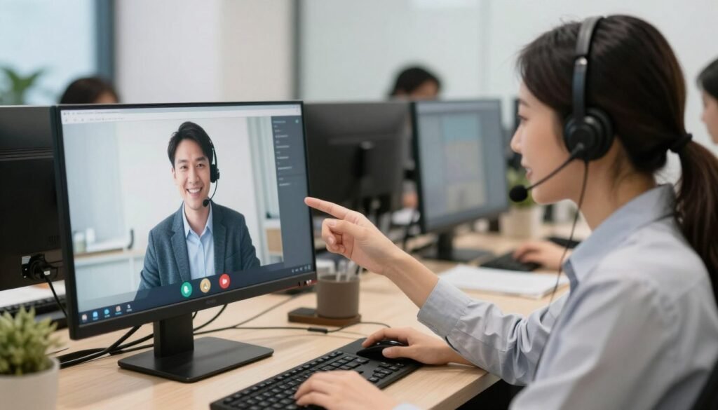 Equipo de soporte técnico MAIKONG asistiendo a cliente por video conferencia