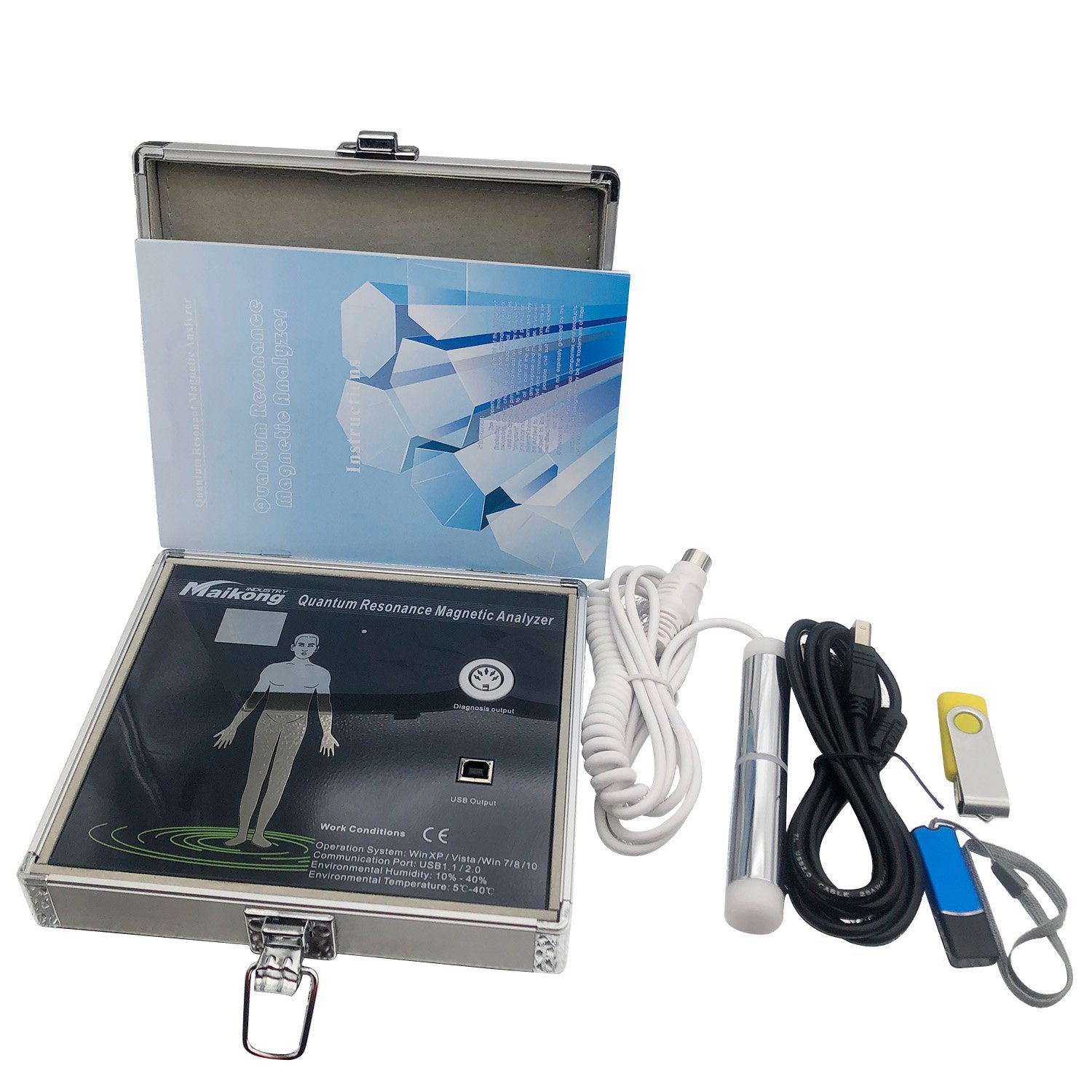 Profesional de salud utilizando analizador cuántico con paciente en clínica moderna peruana