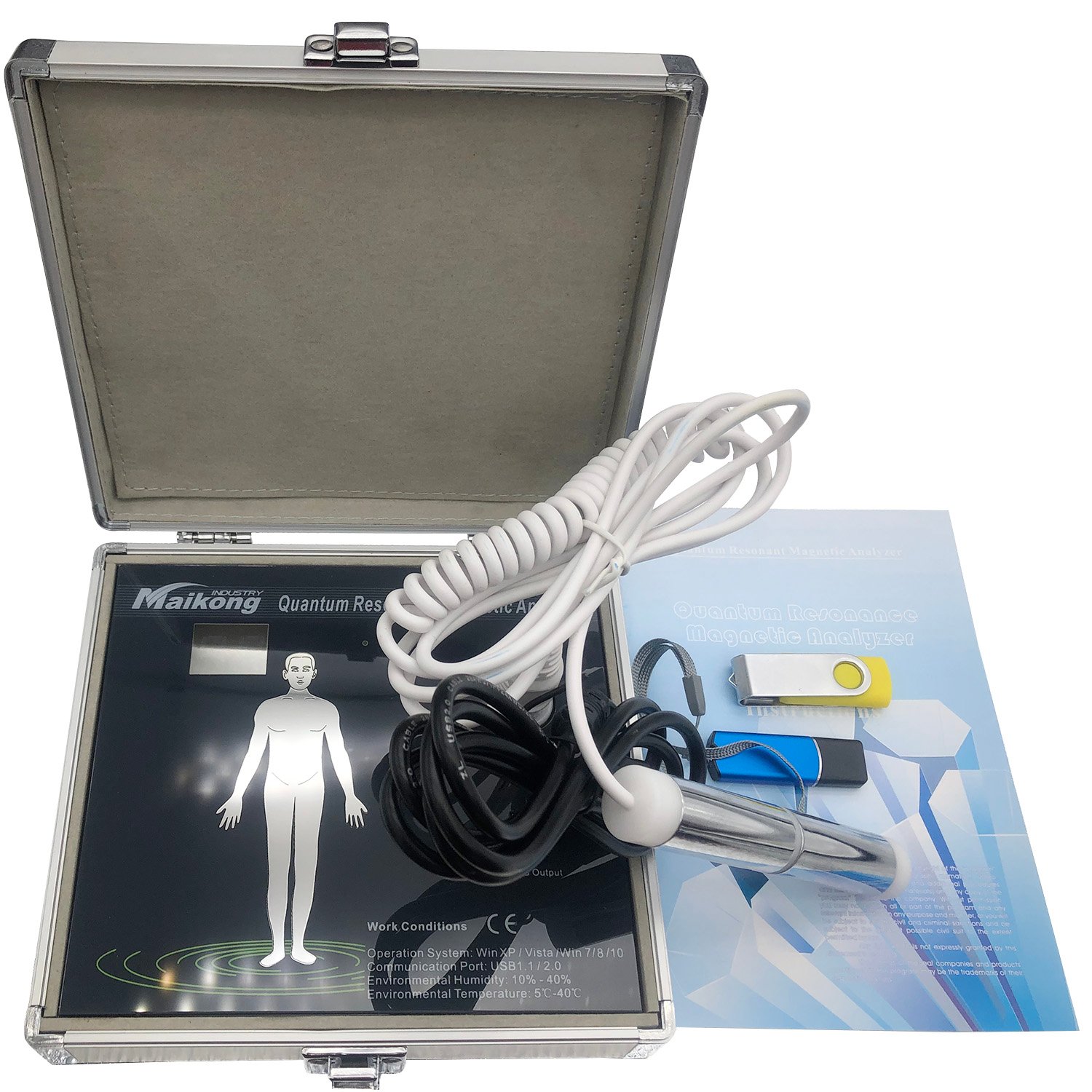 Profesional de salud interpretando resultados de analizador cuántico en clínica peruana