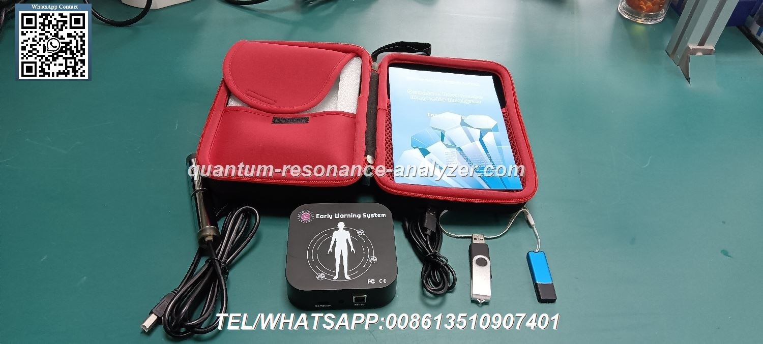 Profesional de salud utilizando analizador de resonancia magnética cuántica en consultorio moderno