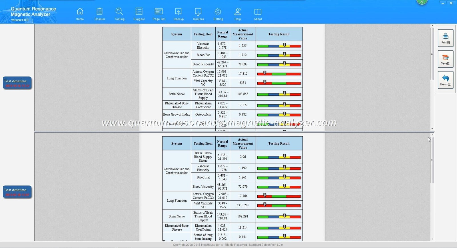 Resultados completos analizador cuántico pantalla reportes salud paso 4
