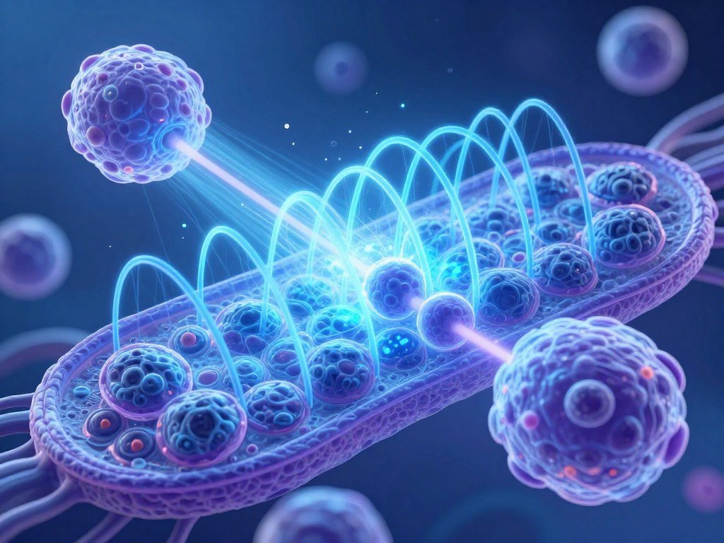 Diagrama científico mostrando emisión de ondas electromagnéticas celulares para análisis cuántico