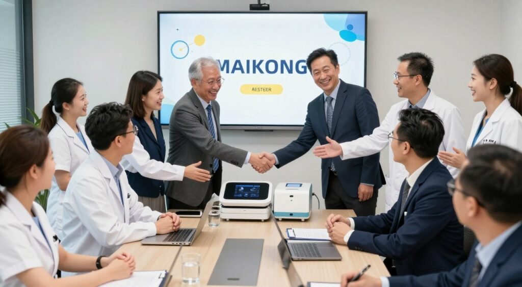 Equipo de distribuidores exitosos de MAIKONG celebrando logros comerciales