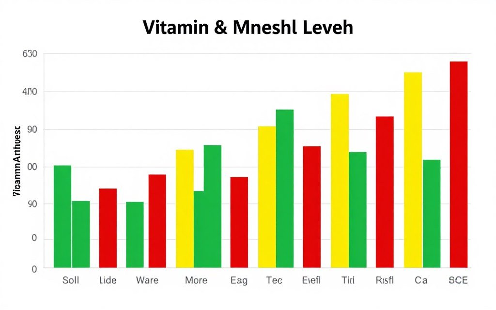 Gráfico de barras mostrando niveles de vitaminas y minerales en análisis cuántico
