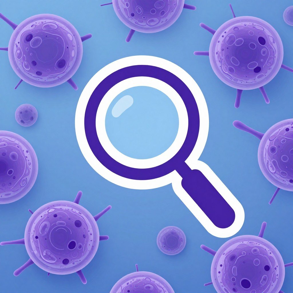 Icono de lupa sobre células representando detección temprana antes de síntomas