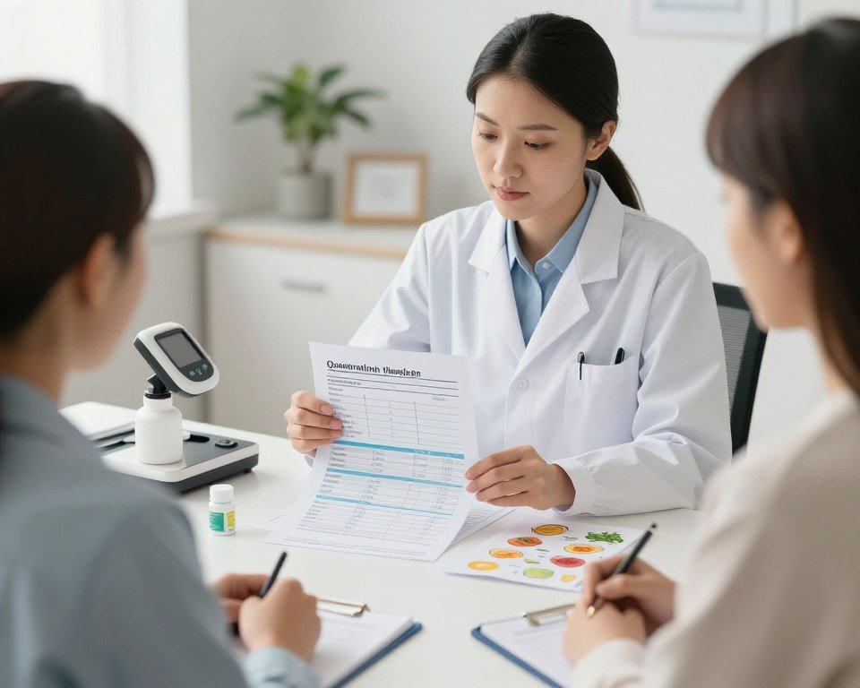 Nutricionista interpretando resultados de analizador cuántico
