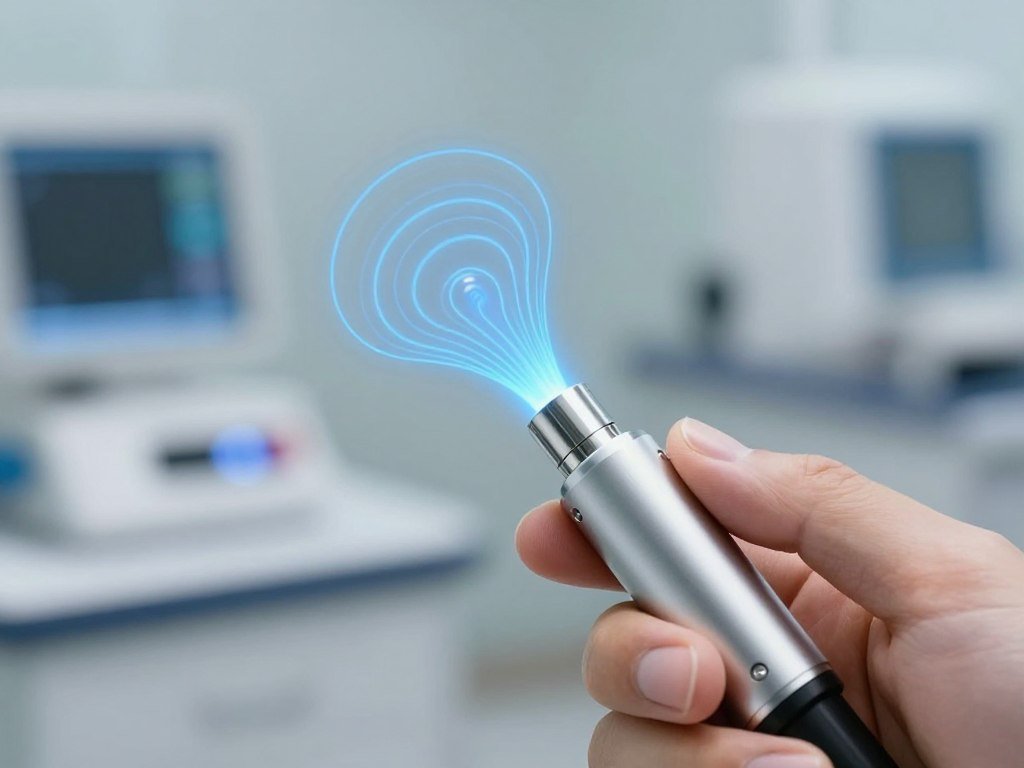 Proceso de análisis con analizador cuántico mostrando mano sosteniendo sensor