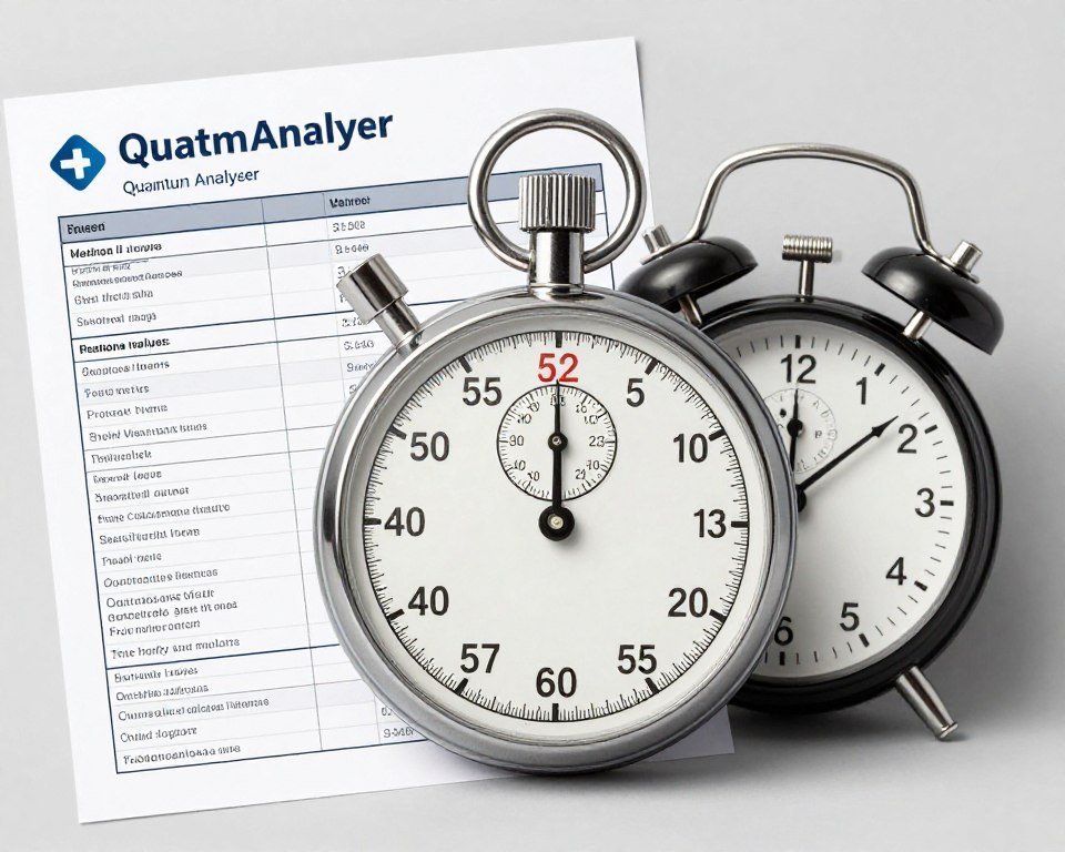 Reloj mostrando 60 segundos junto a reporte completo de analizador cuántico