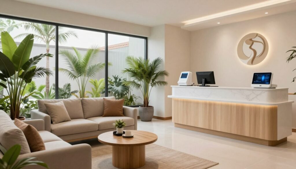 Sala de espera moderna de centro de bienestar peruano con analizador cuántico Sala de espera moderna de centro de bienestar peruano con analizador cuántico