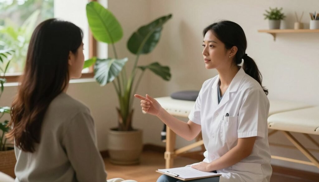 Terapeuta holístico realizando análisis cuántico en centro de bienestar